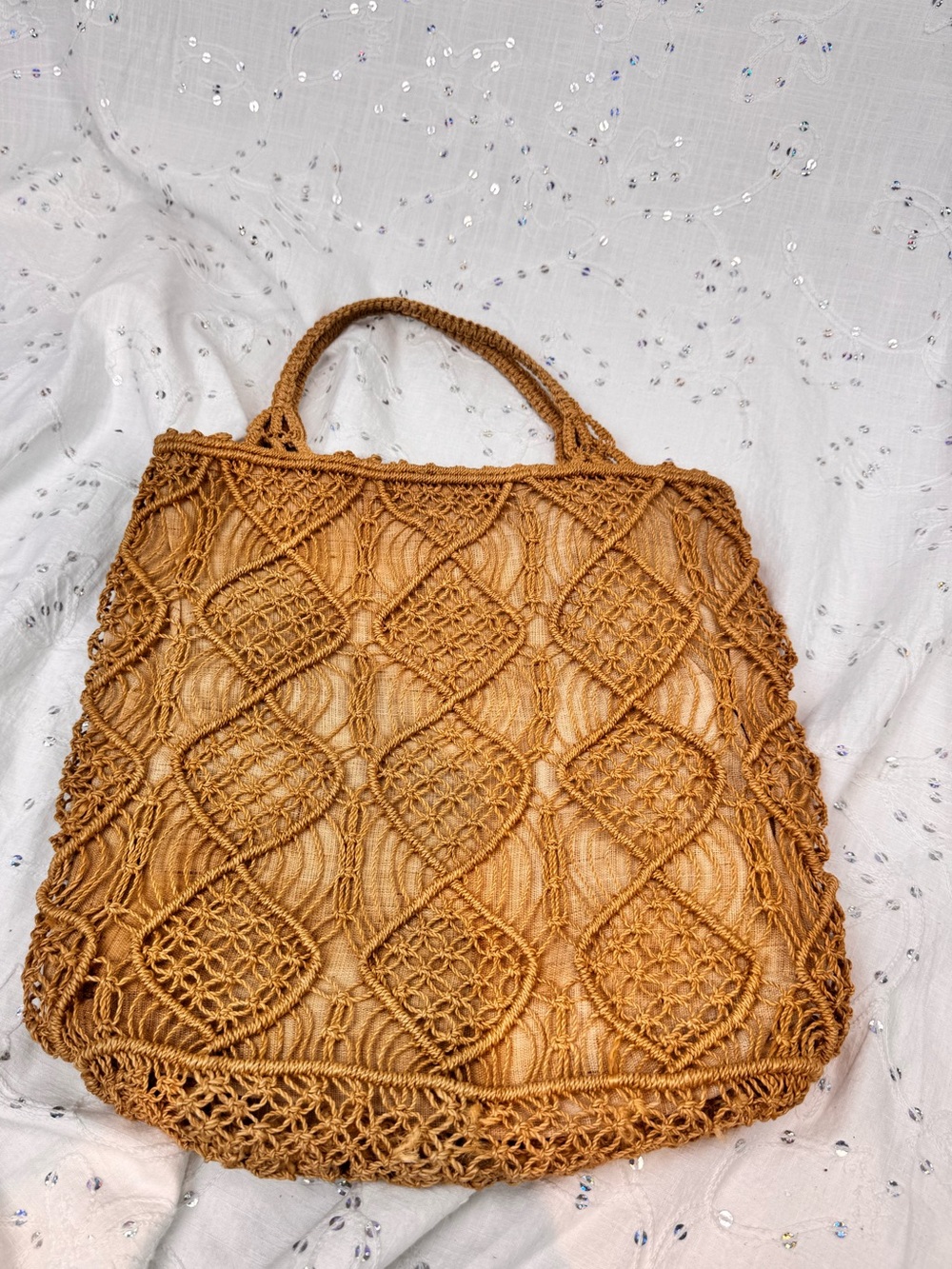 Vintage Handmade Crocheted Twine Tote Bag 1970s Boho Market Purse